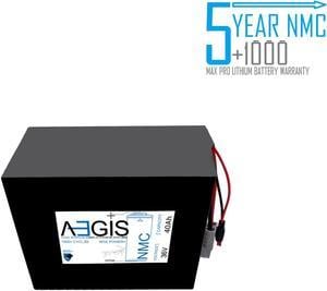 Aegis Battery 36V 40Ah NMC Lithium Battery + Charger. State of the art rechargeable battery pack made w/18650 Li-Ion cylindrical cells great for ebikes, scooters, robots, solar & high energy products.