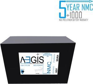 Aegis Battery 60V 50Ah NMC Lithium Battery + Charger. State of the art rechargeable battery pack made w/18650 Li-Ion cylindrical cells great for ebikes, scooters, robots, solar & high energy products.