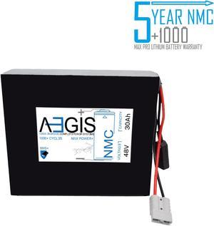 Aegis Battery 48V 30Ah NMC Lithium Battery + Charger. State of the art rechargeable battery pack made w/18650 Li-Ion cylindrical cells great for ebikes, scooters, robots, solar & high energy products.