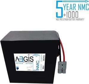 Aegis Battery 36V 60Ah NMC Lithium Battery + Charger. State of the art rechargeable battery pack made w/18650 Li-Ion cylindrical cells great for ebikes, scooters, robots, solar & high energy products.