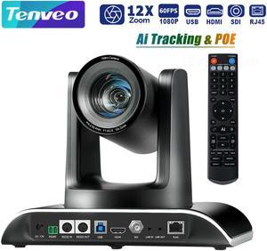 Tenveo VHD612A AI Auto-Tracking HD1080P 60fps PTZ Conference Camera 3G-SDI HDMI USB and IP Streaming Outputs Support POE 12X Optical Zoom Broadcast Live Streaming Camera for Conference Church