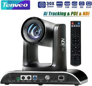 Tenveo VHD630A-NDI AI Auto Tracking NDI PTZ Camera 3G-SDI/HDMI/USB3.0/LAN PoE 30X Optical+8X Digital Zoom IP Live Streaming Camera 1080P 60FPS for Church Services Worship Large Events Live Broadcast