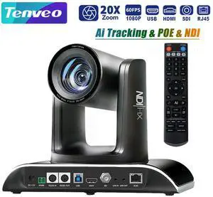 Tenveo VHD620A-NDI AI Auto Tracking NDI PTZ Camera 3G-SDI/HDMI/USB3.0/LAN PoE 20X Optical+8X Digital Zoom IP Live Streaming Camera 1080P 60FPS for Church Services Worship Large Events Live Broadcast
