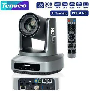 Tenveo UV630A-NDI AI Auto Tracking NDI PTZ Conference Camera HD1080P 60fps 30X Optical Zoom+18X Digital Zoom HDMI USB SDI IP POE for Church Education Live Streaming for Live Streaming Church Services