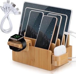 BambuMate Charging Station for Multiple Devices, Desktop Docking Station Holder Organizer Compatible with Airpods, iPhone, iPod, Apple Watch (6 Charge Sync Cables, No Charger HUB)