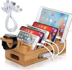 BambuMate Bamboo Charging Station for Multiple Devices, 7 Slots Wood Docking Electronic Organizer for Phones, Tablets, Laptop and More (No Charger HUB)