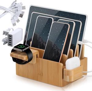 Bamboo Charging Station Organizer, Wood Desktop Docking Charging Stand Compatible with Airpods, iPhone, iPad, Apple Watch (Included 5 Port USB Charger, 6 Charge Sync Cables)