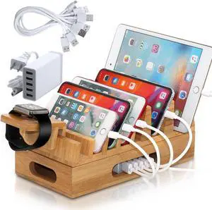 BambuMate Bamboo Charging Station Organizer for Multiple Devices, 7 Slots Electronic Docking Station Organizer for iPhones, Tablets, Laptop and More (with 5Port USB Charger, 5 Charge Cable)