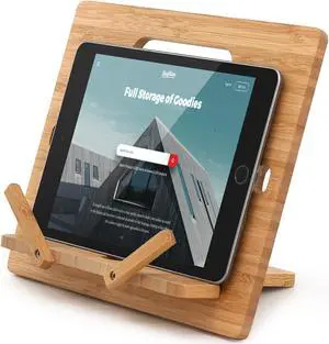 BambuMate Bamboo Cell Phone Tablet Stand Holder, Desktop Smart Phone Stand Holder Dock Compatible with Kindle, Tablet , Smartphones (Support up to 13”)