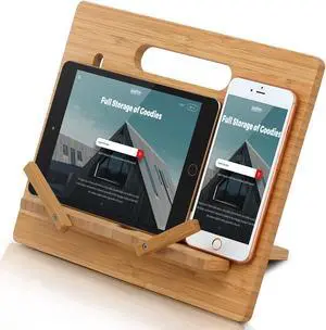 BambuMate Bamboo Cell Phone Tablet Stand Large, Adjustable Desktop Holder Compatible with Kindle, Tablet , Smartphones, Book Stand for Textbook, Recipe, Magazine (Support to 17" Devices)