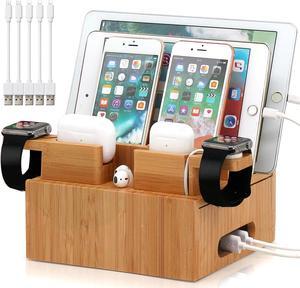BambuMate Bamboo Charging Station Holder, Desktop Docking Station Compatible with iPhone, Tablet, Earbuds, Smartwatch, (Included 2 Watch & Earbuds Stand, 5 Cables,NO Charger HUB)