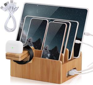 BambuMate Bamboo Charging Stations for Multiple Devices, Electronic Docking Station Organizer for Cell Phones, Tablet, Apple Watch & Earpods Stand (Includes 5 Cables BUT NO Power Supply Charger)