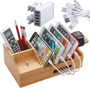 Bamboo USB Charging Stations for Multiple Devices with 5 Port USB Charger, 5 Charge Cable and Smart Watch Stand, Wood Desktop Dock Stations Electronic Organizer for Cell Phone, Tablet, Watch, Office