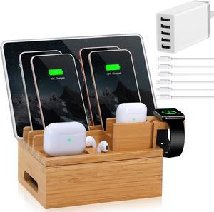 Bamboo Charging Station Organizer, Upgrade Desk Docking Station Organizer, Compatible with Earbuds, Smart Watch, Cell Phone, Tablet (Included 6 Charging Cables, 5 Ports Charger)