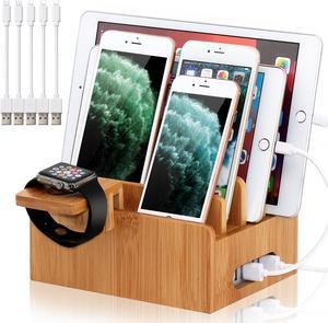 BambuMate Bamboo Charging Station for Multiple Devices, Wood Docking Stand Electronic Organizer Compatible with iPhone, Watch, Tablet (with Watch Stand, 5 Charger Cables, No USB Charger)