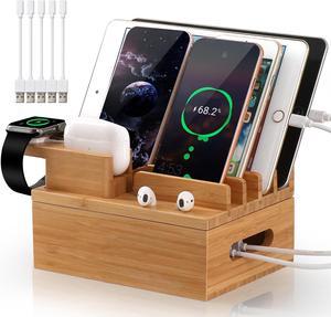 BambuMate Bamboo Charging Station for Multiple Devices, Upgrade Desk Docking Station Organizer for iPhone, Smart Watch, AirPods, Cellphone, Tablet, (Included 5 Charging Cables, No USB Charger)