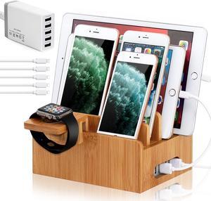 BambuMate Bamboo Charging Station for Multiple Devices, Wood Docking Stand Electronic Organizer Compatible with iPhone, Apple Watch, Tablet (with Watch Stand, 5 Port USB Charger, 5 Charger Cables)