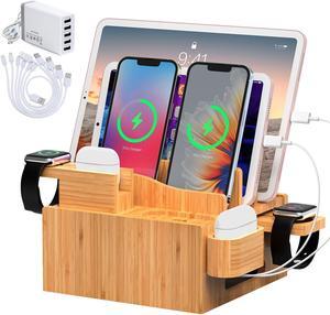 Bamboo USB Charging Station, Phone and Watch Charger Station- for Mulitple Devices, Cell Phones, Tablets, with Charger HUB, 6 Cables, Power Supply