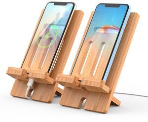 BambuMate 2 Pack Adjustable Bamboo Phone & Tablet Stand, Portable Holder for Desk, Home & Travel, Compatible with 4-13 Inch Devices