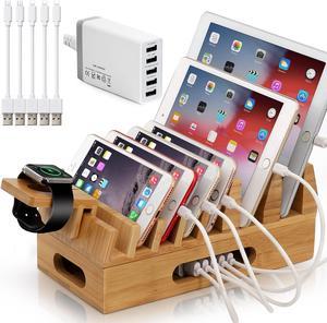 Bamboo Charging Station for Multiple Device with 5 Port USB Charger, Watch Stand, 5 x Charge Cable, Wood Docking Stand Electronic Organizer for Multiple Devices, Phones, Tablets, Laptop and More