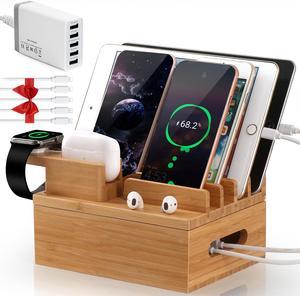 Bamboo Charging Station for Multiple Devices (Included 5 Port USB Charger, 5 Pack Cables, SmartWatch & Earbuds Stand), Charging Station Docking Organizer for Smartphones & Tablets