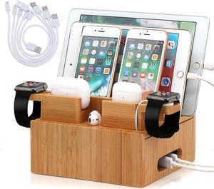 Bamboo Charging Station for Multiple Devices, Wooden Charging Station Organizer Cell Phone Dock Desk Organizer for Apple, Bamboo Wood Docking Device Organizer (5 USB Cables, No Power Supply)
