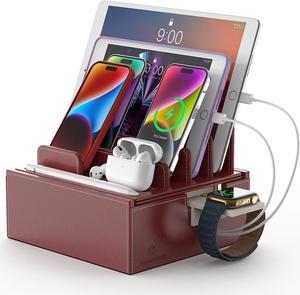 Beebo Beabo Leather Charging Station for Multiple Devices, Dock Station Rack for Cell Phones, Tablet, Smart Watch & Earbud(Red)