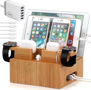 Bamboo Charging Station for Multiple Devices,Wooden Charging Station Organizer Cell Phone Dock Desk Organizer,Wood Docking Device Organizer(5 USB Cables, 5-Port USB Charging Stations)Gifts for Father