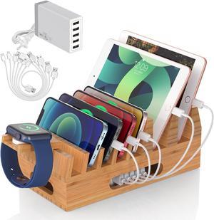 Beebo Beabo Bamboo Charging Station Organizer for Multiple Devices & Wood Desktop Docking Charging Stand Such As Cell Phone, Tablets,V1(5 USB Cables, 5-Port USB Charging Stations)