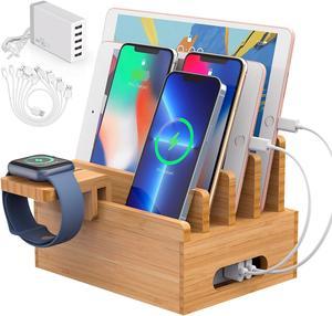 Beebo Beabo Bamboo,Charging StationV2 Desktop Docking Charging Stand Such As Cell Phone,Wood Docking Stand Electronic Organizer for Multiple Devices, 6 USB Cables, 5-Port USB Charging Stations