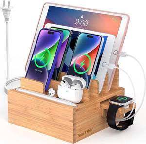 Beebo Beabo Bamboo Charging StationV4 Desktop Docking Charging Stand Such As Cell Phone,Wood Docking Stand Electronic Organizer for Multiple Devices(6 USB Cables, 5-Port USB Charging Stations)