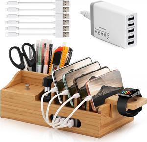 Beebo Beabo Bamboo Charging Station Organizer for Multiple Devices & Wood Desktop Docking Charging Stand Such As Cell Phone, Tablets(6 USB Cables, 5-Port USB Charging Stations) Gifts for Father