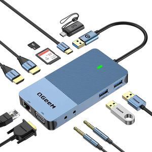 QGeeM USB 3.0 Docking Station, Triple Display USB Hub Dual HDMI VGA Adapter, Portable Laptop USB C Dock to Dual Monitor Compatible with MacBook and Windows