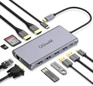 QGeeM USB C Hub,12 in 1 USB C Laptop Docking Station Dual Monitor,Triple Display USB Type C Adapter Dock With 4K Dual HDMI,VGA,100W PD,Ethernet,4USB,SD/TF, Compatible with MacBook and Windows