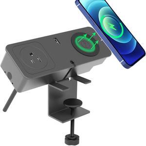 Desk Clamp Power Strip Surge With 20W USB C Port 15W Wireless Charger, Removable Desktop Mount Charger Power Station Surge Protector 2 USB AC Electrical Outlet Strip for Office KingTSYU