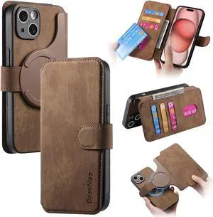 SCPBOWL Detachable Cell Phone Holder with Wallet, Magesafe Charging, PU Leather, Suport Card, Protective RFID, Brown iPhone 15 Pro Max