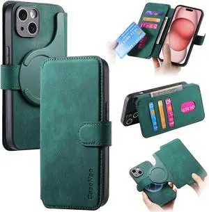 SCPBOWL Detachable Cell Phone Holder with Wallet, Magesafe Charging, PU Leather, Suport Card, Protective RFID, Green iPhone14 Pro Max