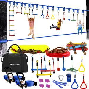 Gentle Booms Sports Ninja Warrior Obstacle Course Ninja Line Included with 65ft Blue Slackline Backyard Tree Training Equipment Outdoor Play Gym