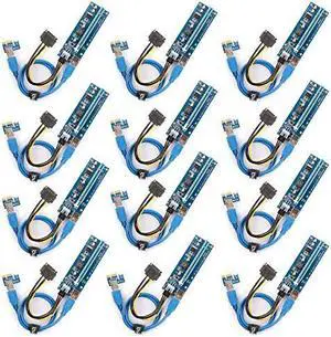 The 12 Pack PCI-E Riser for BitcoinLitecoin ETH Coin Ubit Mining Dedicated Graphics Card PCI-E Riser 1X to 16X Riser Card 164P / 60cm USB 3.0 Extension Cable & MOLEX to SATA Power Cable (VER006c)
