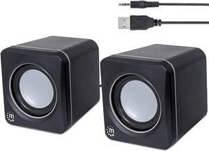 Manhattan USB Powered Stereo Speaker System - Small Size - with Volume Control & 3.5 mm Audio Plug to Connect to Laptop, Notebook, Desktop, Computer - 3 Yr Mfg Warranty - Black Silver, 166898