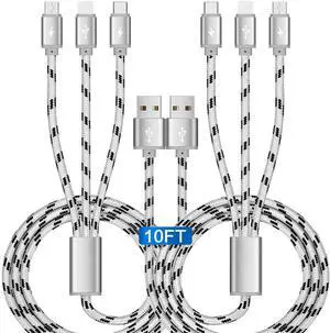 10Ft Multi Charging Cable 3A 2-Pack Braided Fast Charging 3-in-1 Multiple Charger Cable with IP/Micro USB/Type C Adapter Port for Cell Phones/iPhone 16 15 14 13/ /Pixel/Tablet and More