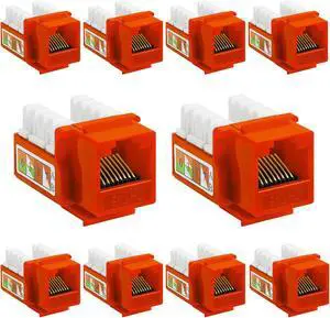 Cmple - 10 Pack Cat6 Keystone Jack Insert Punch Down RJ45 Connectors RJ45 Keystone Jack 90 Degree Female for Wall Plates, Patch Panels, Patch Cables, Ethernet Cables - Orange