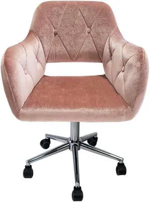 Impressions Vanity Brittney Tufted Leatherette Vanity Chair with Cushioned Seat, 360 Degree Swivel Chair with Adjustable Height and Metal Base (Pink Velvet)
