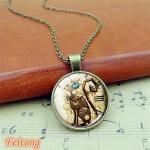 Feitong Retro Punk Cat Glass Cabochon Alloy Chain Pendant Necklace Jewellery Gift Health