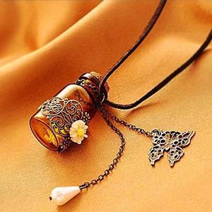 Retro Carved Daisy Butterfly Glass Wishing Bottle Pendant Leather Rope Necklace Long Sweater Chain