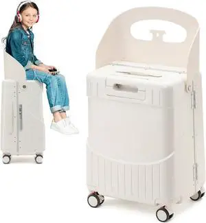 Apelila Hardside 22- Inch Luggage with Child Seat, Lockable 4- Spinner Wheels with TSA Approved Lock Travel Suitcase with Seat for Kids in 2-15 Years White