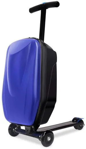 Scooter Hardshell Ride On Luggage for Kids and Adults,Multifunctional 2-in-1 Lightweight Carry On Foldable Suitcase Blue