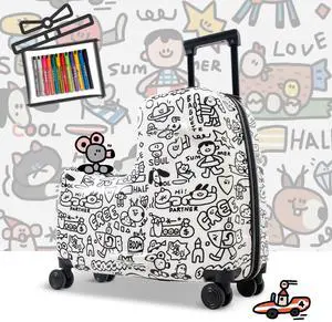 Apelila 22 inch Ride on Suitcase for Kids Travel Trolley Luggage with Spinner Wheels for Child with Combination Lock/Safety Belt/Telescoping Handle DIY Coloring