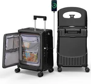 Apelila 20" Hardshell Carry On Suitcase with  Seat, Black Travel Luggage with Front Compartment & 4 Lockable Spinner Wheels, TSA Lock, USB Port, Luggage Cover, Safty Seatbelt