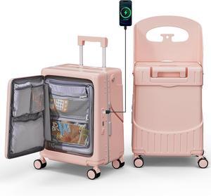 Apelila 20" Hardshell Carry On Suitcase with Seat, Black Travel Luggage with Front Compartment & 4 Lockable Spinner Wheels, TSA Lock, USB Port, Luggage Cover, Safty Seatbelt Pink